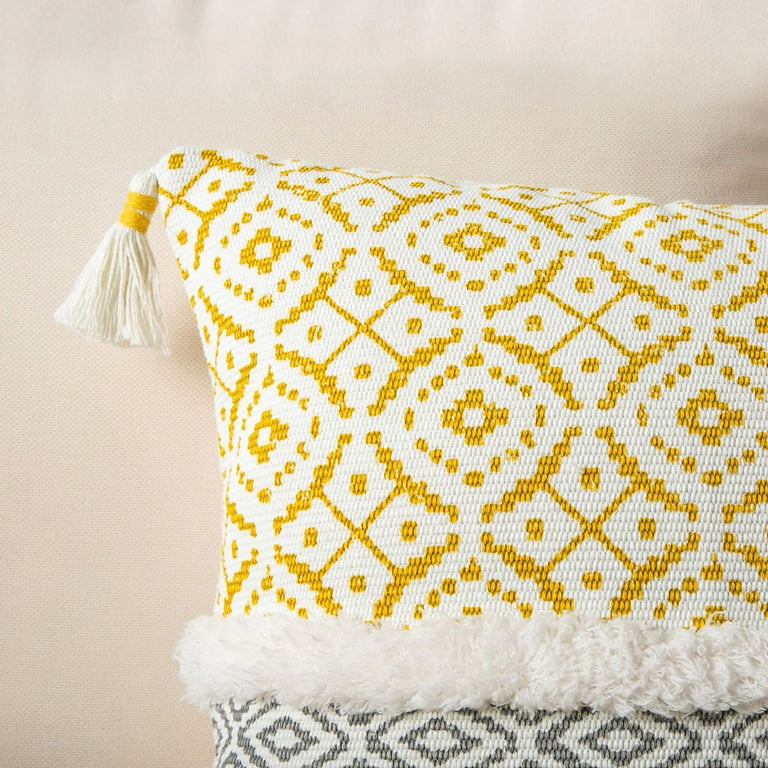 Phantoscope Printed Boho Woven Tufted with Tassel Series Decorative Throw Pillow Cover, 18 inch x 18 inch, Yellow, 1 Pack
