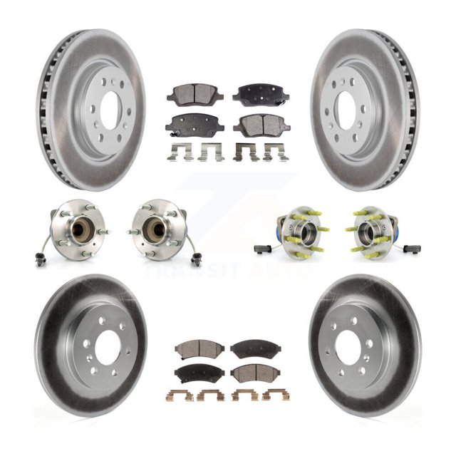Transit Auto Front Rear Hub Bearings Assembly Coated Disc Brake Rotors and Ceramic Pads Kit (10Pc) for Car 2007 Saturn Relay 3 Hole Flange - Left Right Side (Driver Passenger) KBB-112862