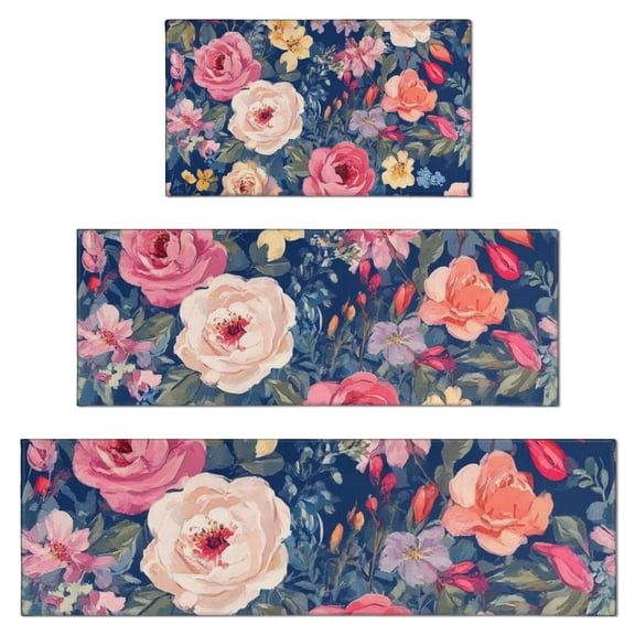 Pioneer Flower Floral Print Pattern Kitchen Rugs Sets Of 3,Kitchen Runner Rugs Non Skid Washable,Decorative Kitchen Floor Mats for Kitchen,Sink,Laundry,17"x30" 17"x47" 17"x59"