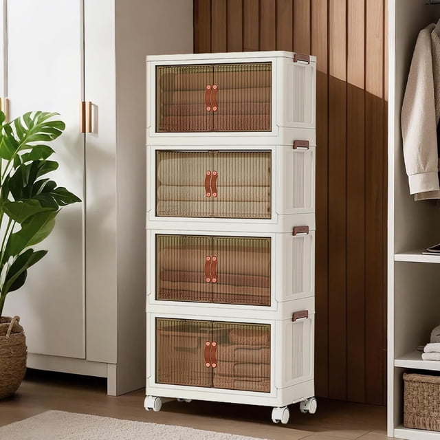 Stackable Plastic Storage Box with Magnetic Double Doors & Wheels - 4 Tiers, Collapsible Large Organizer for Toys, Books, Snacks, Clothes - Clear Drawers, 65x42x145.5cm - White, 4 Layers