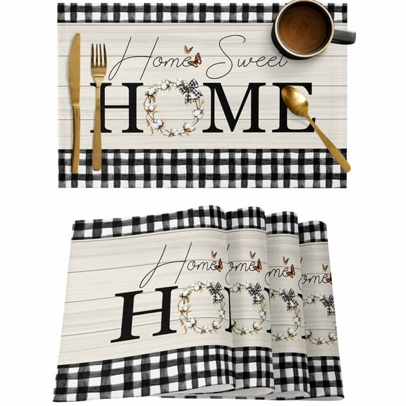 Home Black White Gingham Check Placemats Set of 4,Wipeable Washable Table Mats for Dining Tables,Farm Vintage Wood Board Place Mats for Kitchen Event Party Tabletop Decor