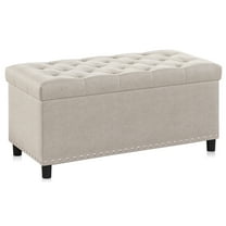 BELLEZE 35 Inch Storage Ottoman, Button-Tufted Ottoman Linen Storage Bench with Safety Close Hinge, Ottoman with Storage for Living Room, Entryway, Hallway, Foot Rest, Support 300lbs - Beige