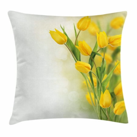 Famous Flower - Yellow Flower Throw Pillow Cushion Cover, Romantic Tulip Bouquet Famous Plant of Netherlands Botanical Theme, Decorative Square Accent Pillow Case, 16 X 16 Inches, Mustard Fern Green, by Ambesonne