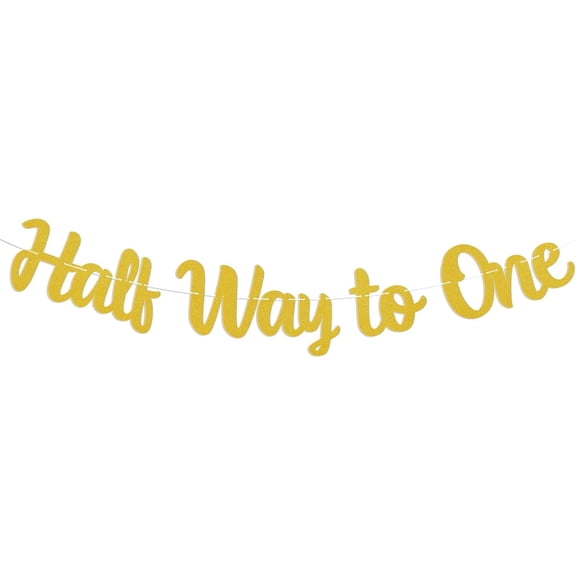 Half Way to One Banner - Baby's 6 Months Birthday Party Decorations, Happy 1/2 Birthday Decor, Neutral Rustic Baby Shower Party Favor Supplies Gold Glitter