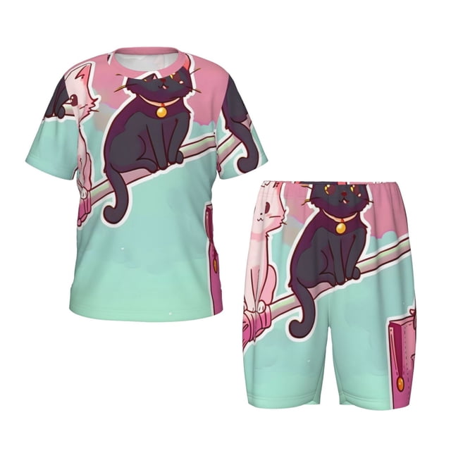 Fotbe Cats On Broomstick Pijama Estampada de 2 Piezas para Niños – Ropa de Dormir de Manga Corta Cómoda para Niños y Niñas, Camiseta y Shorts de Algodón-Small