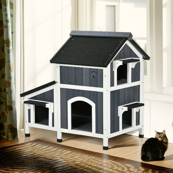 Pefilos 39" Wood Elevated Cat House with Escape Door, Outdoor Weatherproof 2-Story Feral Cat Shelter for Cats and Small Dogs, Gray