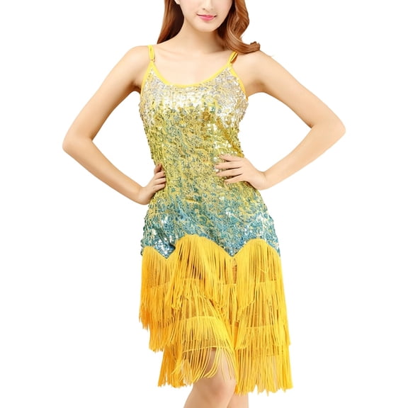 IWRICH Women's Dance Dress Tassel Salsa Dancewear Sequin Fringe Dress Modern Ballroom Outfits Yellow One Size