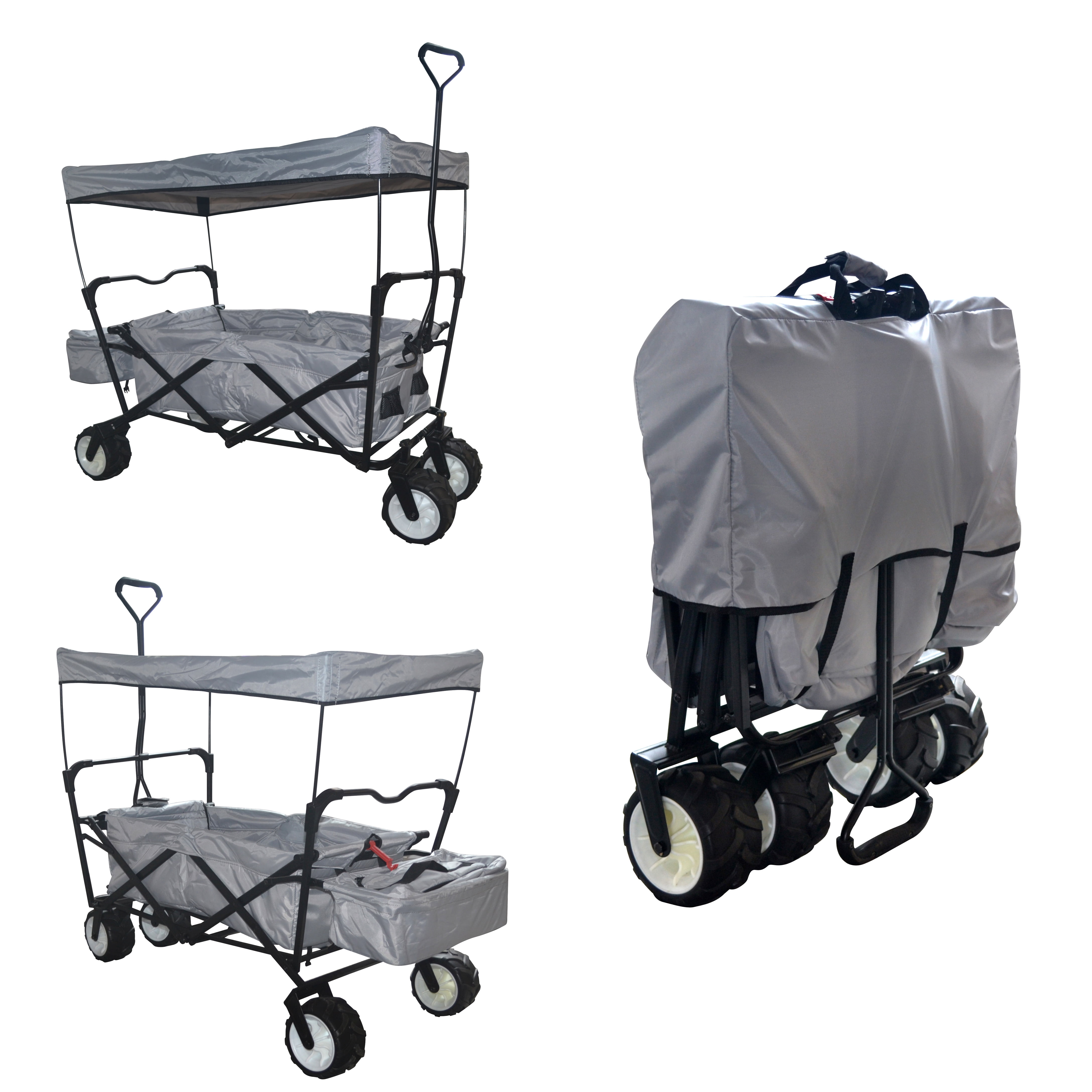 GREY OUTDOOR FOLDING WAGON CANOPY GARDEN UTILITY TRAVEL CART LARGE