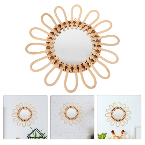 LABELEPH Round Wooden Wall Mirror Light Brown 12.2x12.2x5.5in Decorative Craft Set of 1