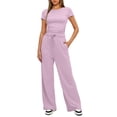 thumbnail image 5 of Two Piece Sets for Women Summer Casual Outfit Sets Solid Color Button Down Round Neck Short Sleeve Tops and Drawstring Wide Leg Pants with Pocket Sets Relaxed Vacation Wear, 5 of 9