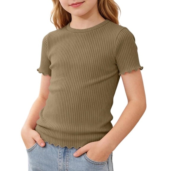 Emitonse Sports T Shirts for Girls Girls' Short Sleeve T-Shirts Girls Short Sleeve Tops Cute Casual Crew Neck Short Sleeve Blouse Preppy Summer Top For Girls Khaki,11-12 Years