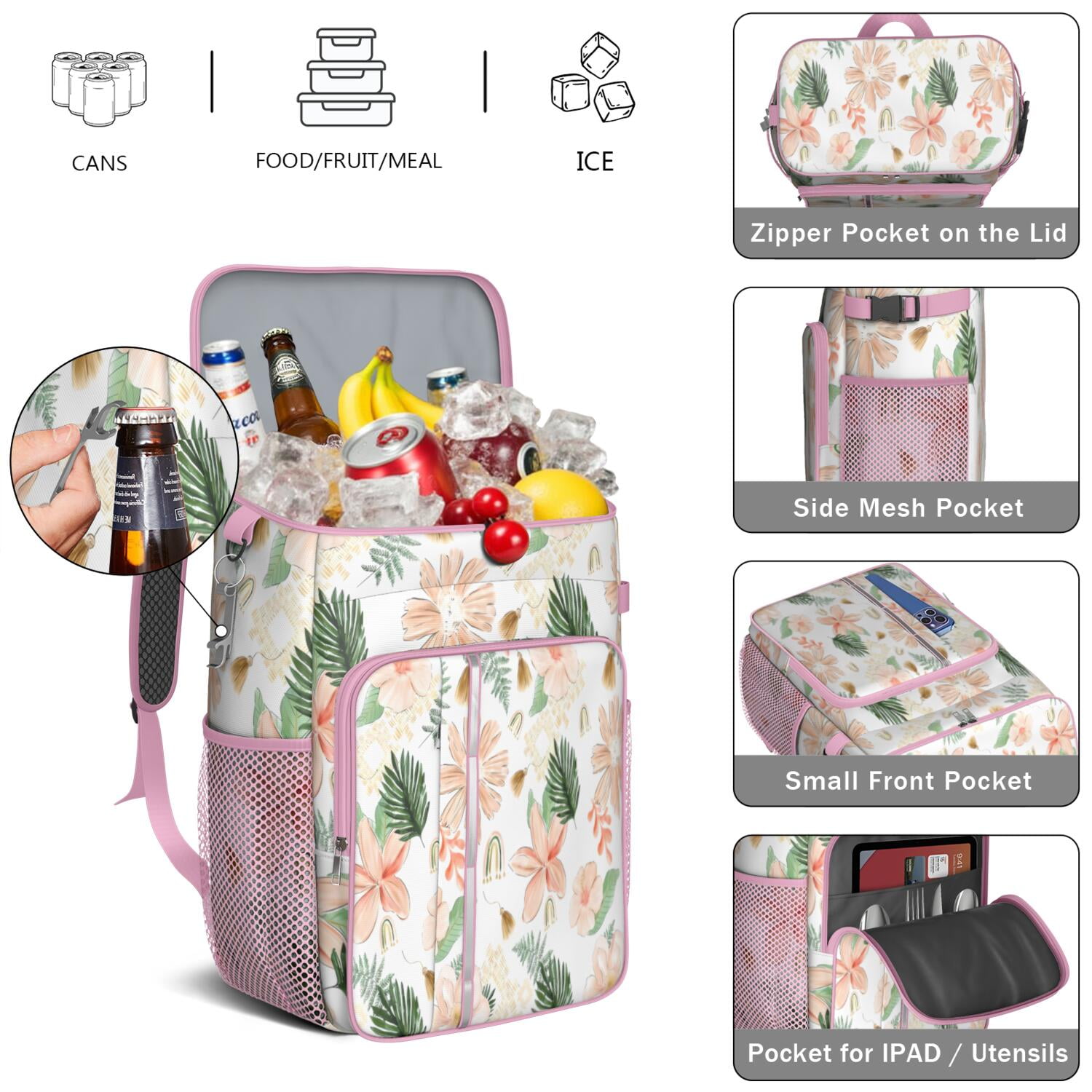 Travel Cooler Bag - Pioneer Flower Floral Print Pattern Camping Beer Cooler Backpack with Bottle Opener- Waterproof Insulated Picnic Backpacks - Cooler Bag for Beach
