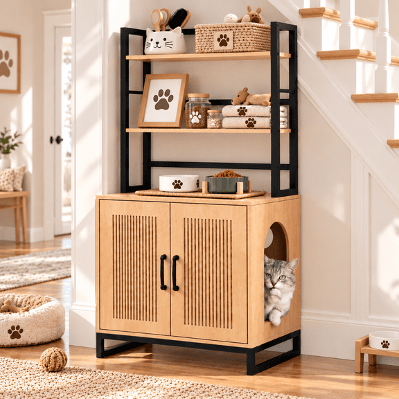 KATHY&BOB Hidden Cat Litter Box Enclosure Furniture with 2 Tier Shelves, Wooden Cat Litter Cabinet with Striped Grooved Design, Cat Washroom, Natural