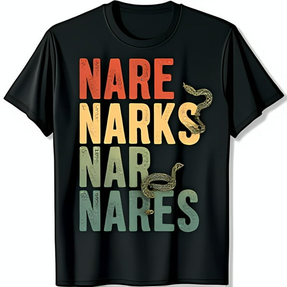 Playful Black T-Shirt with Retro Nare Narks Nar Nares Graphic & Snake Design