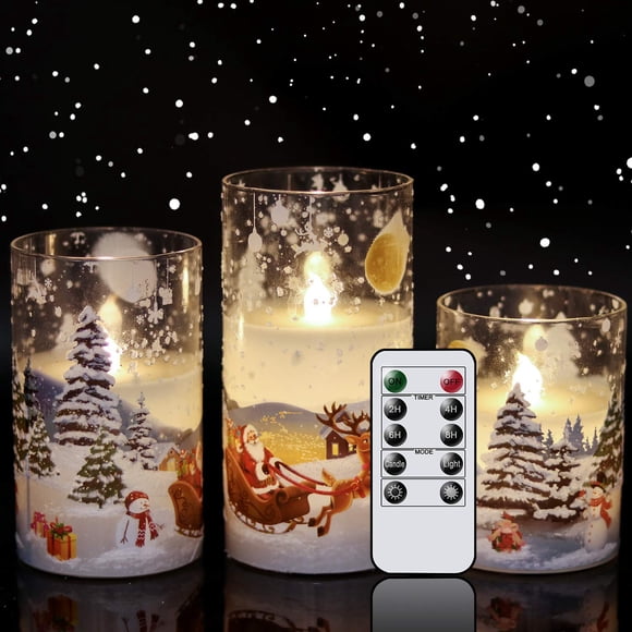 Eldnacele Vela sin llama de cristal de Papá Noel con temporizador remoto, velas LED parpadeantes con pilas, paquete de 3 velas navideñas con luz blanca cálida, juego de 3 (D3 x H 4 5 6) - Trineo de Pa