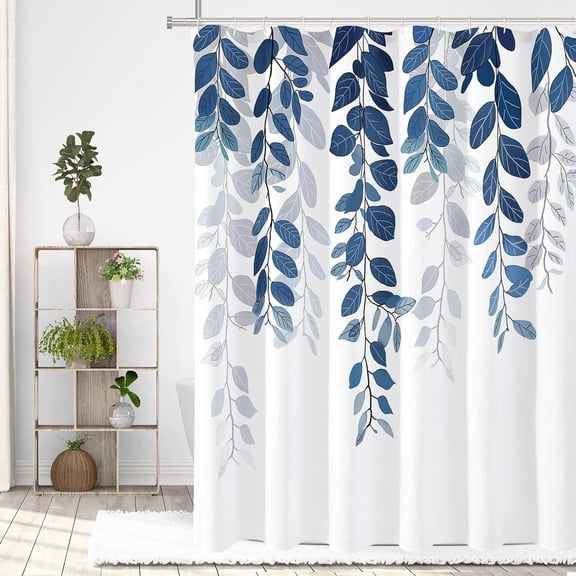 Navy Blue Eucalyptus Shower Curtain for Bathroom, Watercolor Leaves on The Top Plant Shower Curtain Floral Botanical Decorative Fabric Shower Curtain Set with Hooks 72x72 Inch