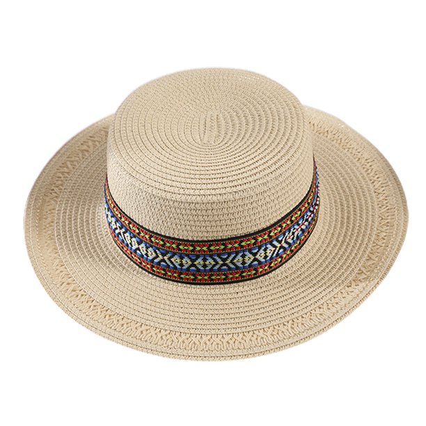 Sombrero de paja de estilo retro para mujer, con circunferencia de 56-58 cm, para viajes, playa, parasol, protector solar, parte superior plana, ala grande