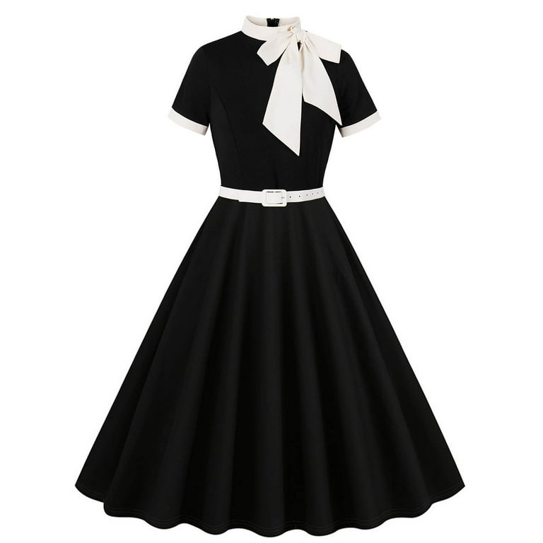 Miqool Women's 50s Style Vintage Cocktail Dresses Short Sleeve Tie Neck  A-Line Swing Midi Dress Tea Party Formal Evening Prom Dress with Belt -  Walmart.com
