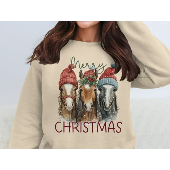 Cozy Christmas Merry Christmas Horse Graphic Sweatshirts (S, Sand)
