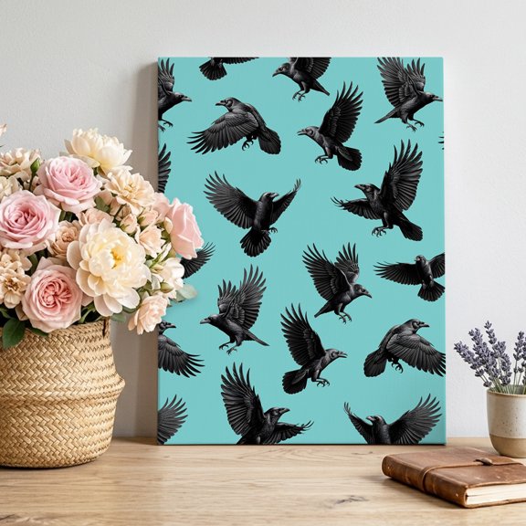 Halloween Crows Canvas Wall Art for Living Room, Retro Classic Watercolor Art Teal Texture Poster Print Painting for Bedroom Office Home Decoration Wall Pictures Prepare To Hang 12"x16"