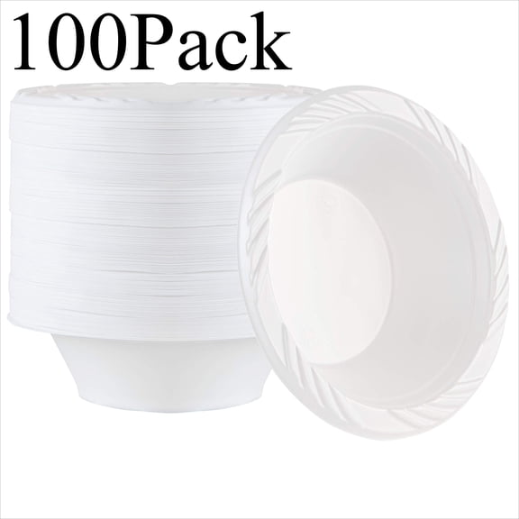 12 Oz Disposable Plastic Soup Bowls White 100 Pack, Sturdy & Leak-Resistant Serving Bowls for Soup, Salad, Rice & Snacks