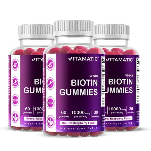 3 Pack Vitamatic Biotin Gummies 10,000 mcg for Stronger Hair, Skin & Nails - 60 Vegan Gummies - Also Called Vitamin B7