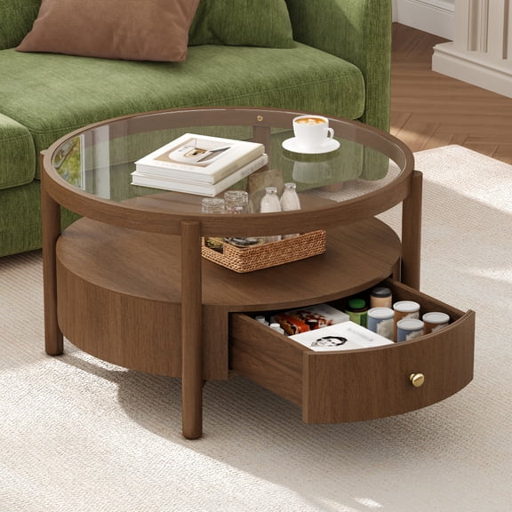 Mid-Century Modern Round Coffee Table with Storage Drawer, 2-Tier Tempered Glass Top Walnut Wood Frame, Hidden Storage Cocktail Table for Living Room