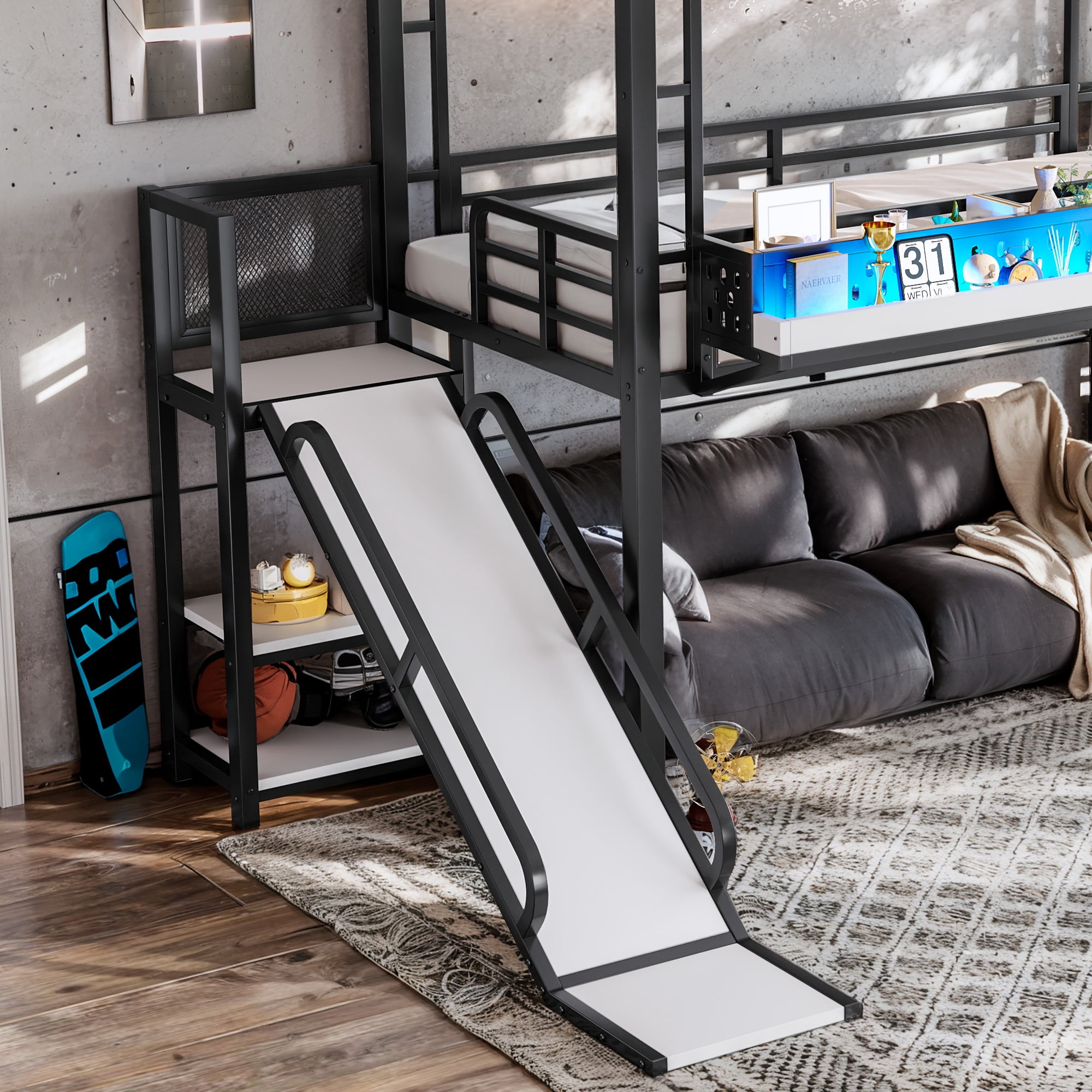 Leumius Twin Size Loft Bed with Storage Stairs, Metal Loft Bed Frame with Built-in Wardrobe,Storage Shelves,USB Ports and LED Lights,Noise-reduced Design,Black