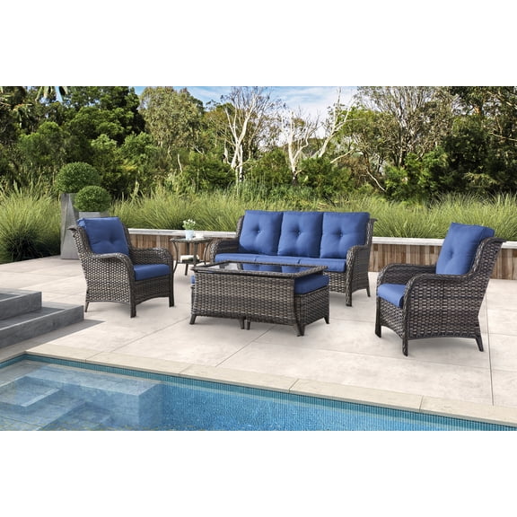 PARKWELL 7Pcs Outdoor Wicker Rattan Conversation Patio Furniture Set, including Three-seater Sofa, Chairs, Coffee Table, Ottomans and Side Table with Cushion, Blue