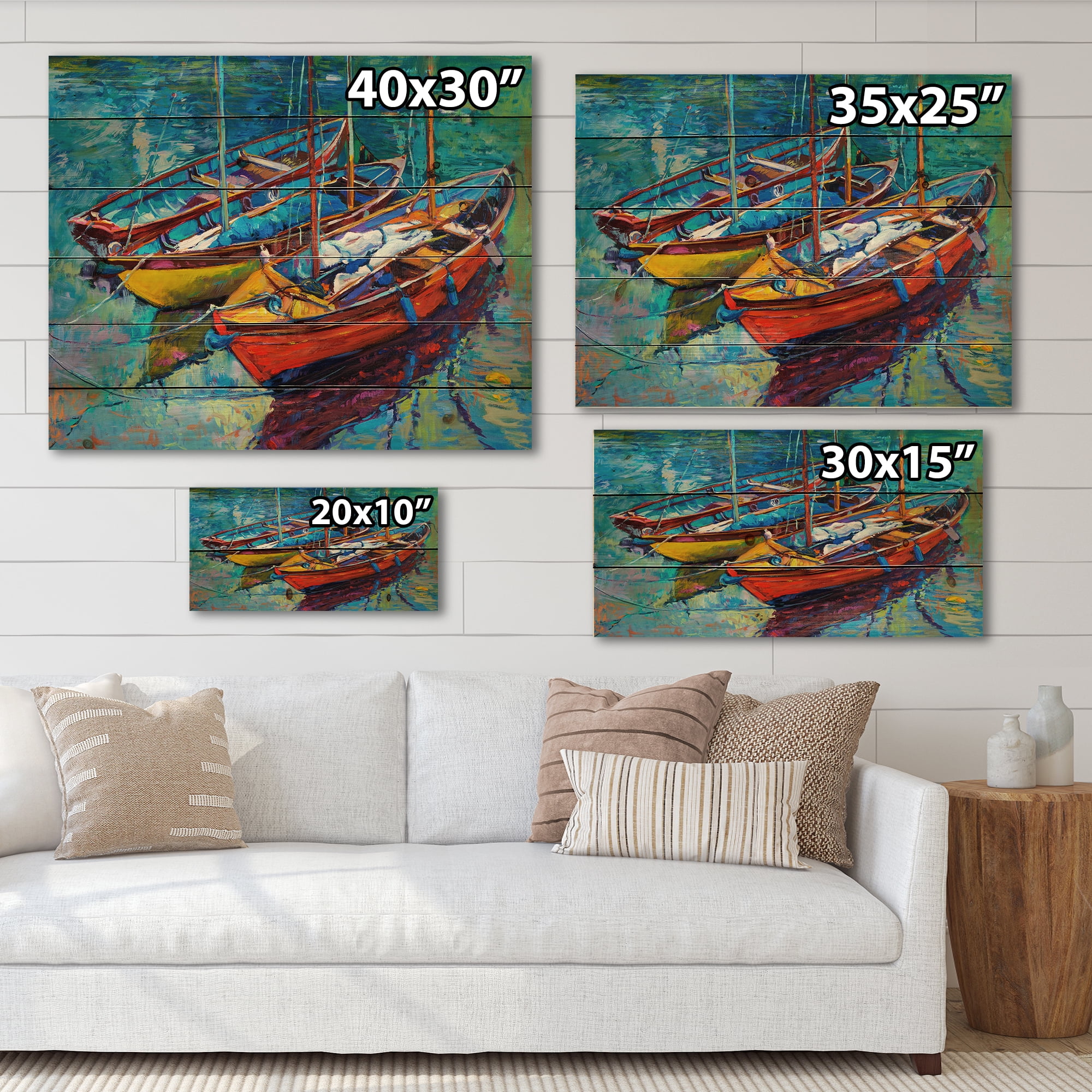 Designart 'Three Colorful Boats In The Harbor' Nautical & Coastal Print on Natural Pine Wood