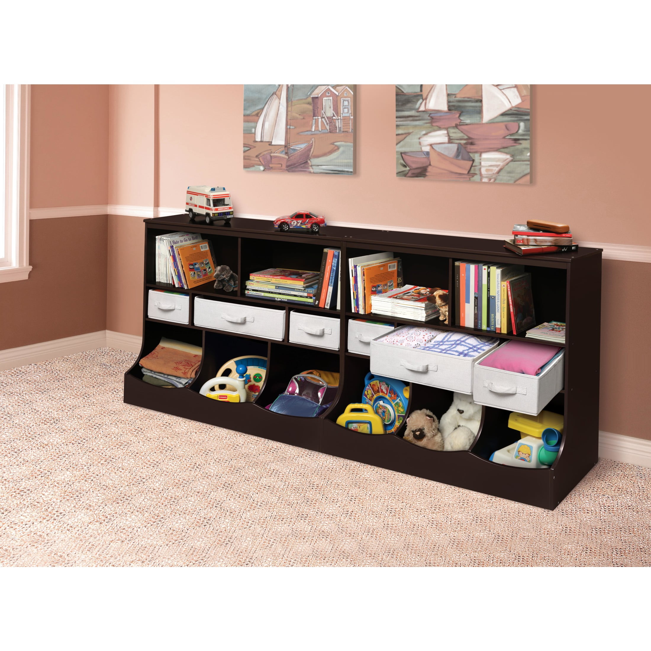 Badger Basket Children's Wooden Combo Bin with Three Baskets 55 gal Toy Storage Cube, Espresso