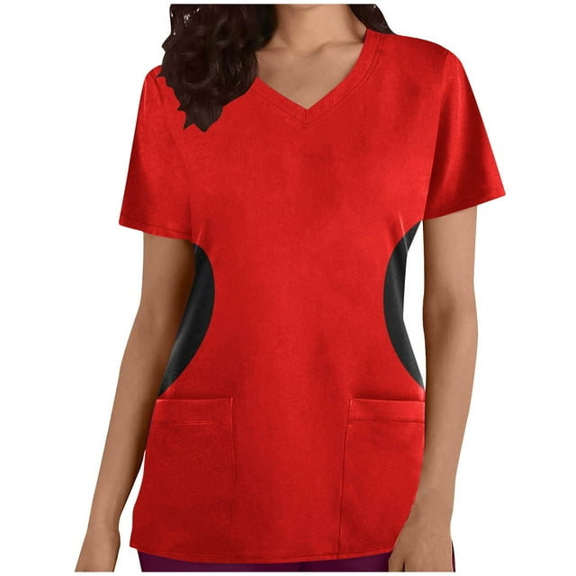 LSLJS Blouse à Manches Courtes à Col en V pour Femmes, Mode, Uniforme de Travail, Imprimé, avec Poche, Hauts, Sarraus pour Femmes
