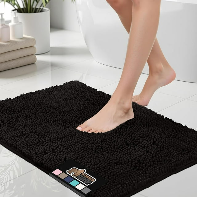 Gorilla Grip Bath Mat, Thick Soft Absorbent Chenille Floor Mats, Rubber Backing Bathmat, 91x61 cm, Quick Dry Rug, Machine Washable Rugs for Shower and Tub Floors, Bathroom Accessories Decor, Black
