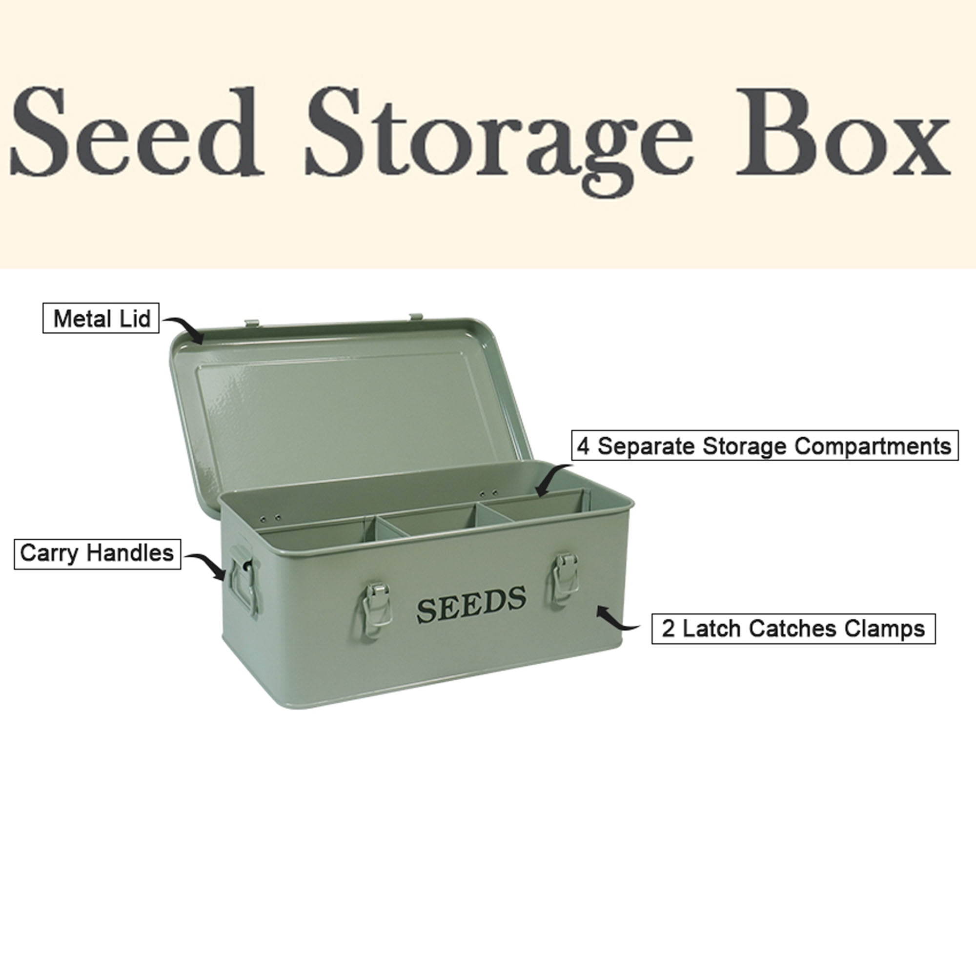 Pethiy Moisture-Proof Seed Storage Box, 4-Compartment Metal Organizer with Safety Lock, Lightweight Airtight Container for Garden Seed Packets & Envelopes - Green