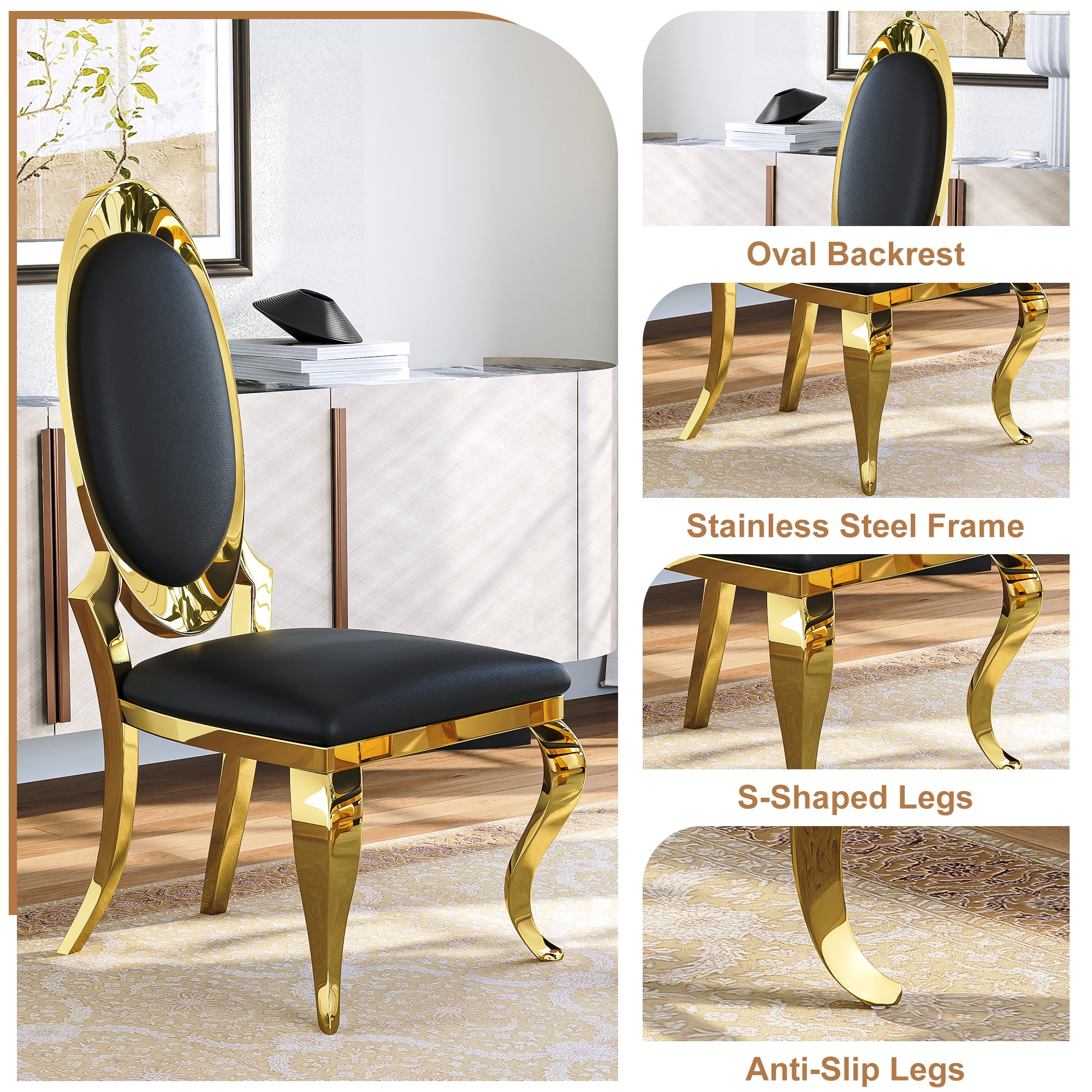 Luxury Dining Chairs Set of 4, Oval Back PU Upholstered Chairs with Stainless Steel Cabriole Legs, Dining Chairs for Kitchen, Living Room, Office