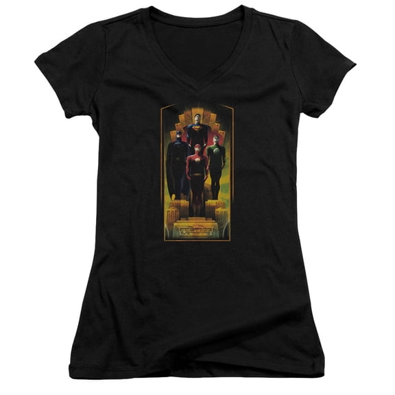 JLA Justice League Deco Junior Women's T-Shirt V-Neck Black