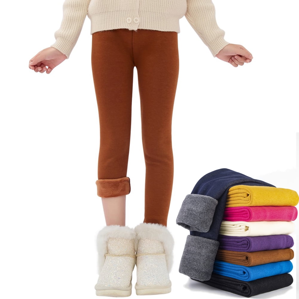 BINIDUCKLING Girls Fleece Lined Leggings - High Waisted Winter Yoga Pants, Coral, Size 4-5T