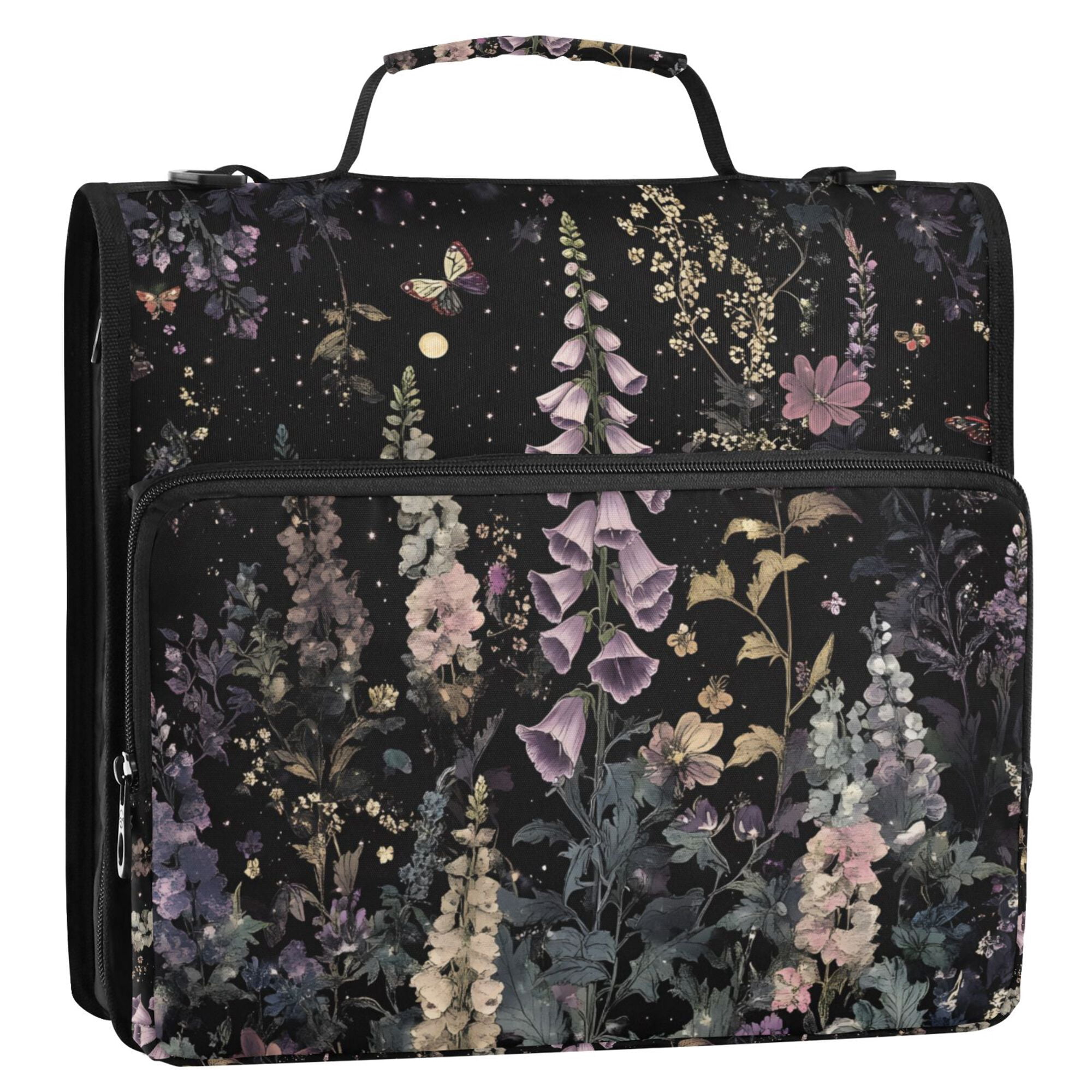 FORMRS Zipper Binder with Shoulder Strap 2-inch Ring 500 Sheet Capacity File Bag, Dark Flowers Pattern