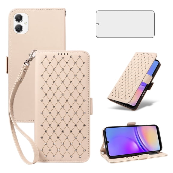 Asuwish Phone Case for Samsung Galaxy A06/A07 5G Wallet Case, Shiny Leather Wallet Cover with Wriststrap with 54 Card Holder Slots Kickstand Shockproof Case for Samsung Galaxy A06/A07 5G-Beige