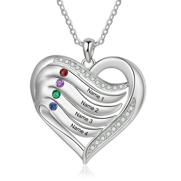 Mementos Personalized Family Mother's (Women's) Necklace Sterling Silver with 4 Birthstones Names