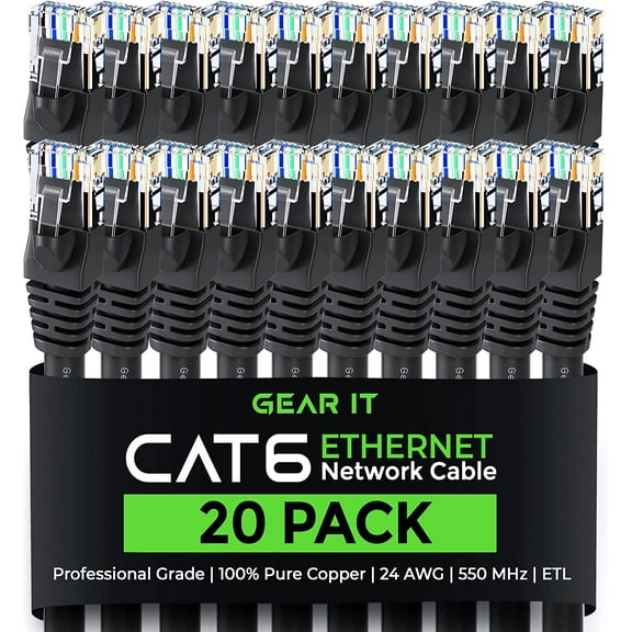GearIT Cat 6 Ethernet Cable Snagless Patch Computer LAN Network Cord, Black 25 ft. 20-Pack
