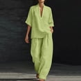 thumbnail image 2 of VISALY Linen Sets for Women Dressy Half Sleeve Deep V Neck Peasant Halter Tunic Tops Flowy Linen Loose Wide Leg Long Palazzo Pants Sets Cotton Linen Lounge Matching Summer Casual Set Green Xl, 2 of 7