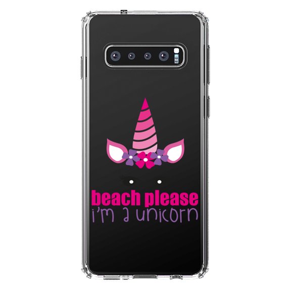 DistinctInk Clear Shockproof Hybrid Case for Samsung Galaxy S10 (6.1" Screen) - TPU Bumper Acrylic Back Tempered Glass Screen Protector - Beach Please I'm a Unicorn