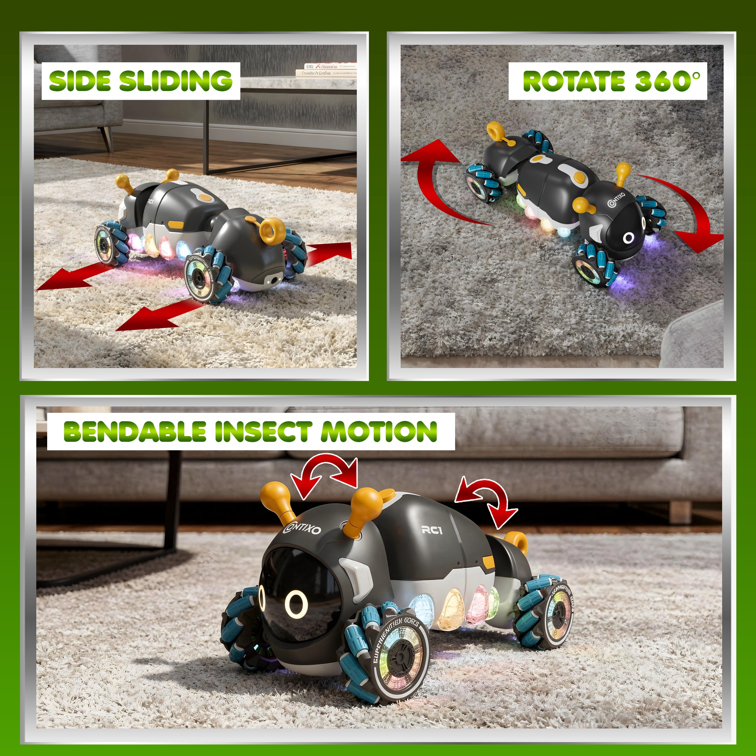 Contixo RC1 Mech Stunt RC Caterpillar Car – Kids Remote Control Car, Omni-Directional 360° Spins, Mist Spray, LED Lights, All-Terrain Stunt Vehicle, Torsion Body, 2.4GHz Remote – Black