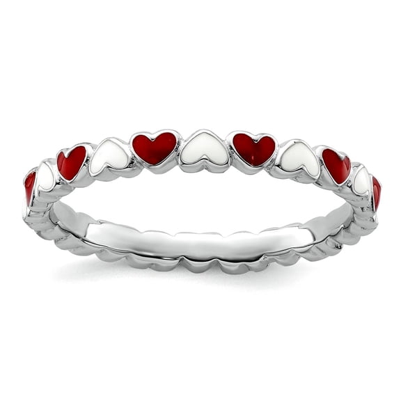 2.5mm 925 Sterling Silver Polished Red Enamel Stackable Red and White Enamel Love Heart Ring Size 6 Stackable Ring for W