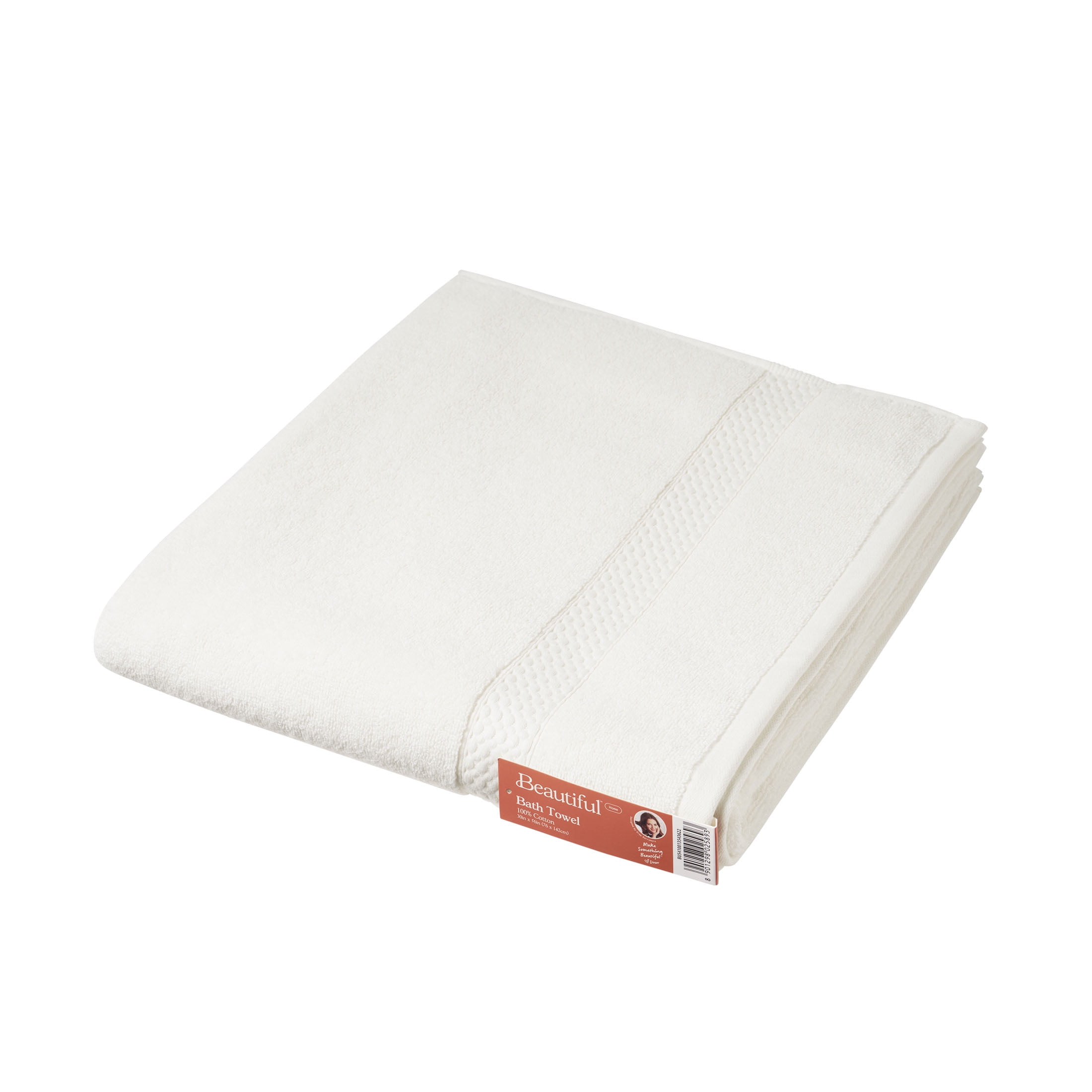 Beautiful by Drew Barrymore Dobby Bath Towel, Soft 100% Cotton, Off White