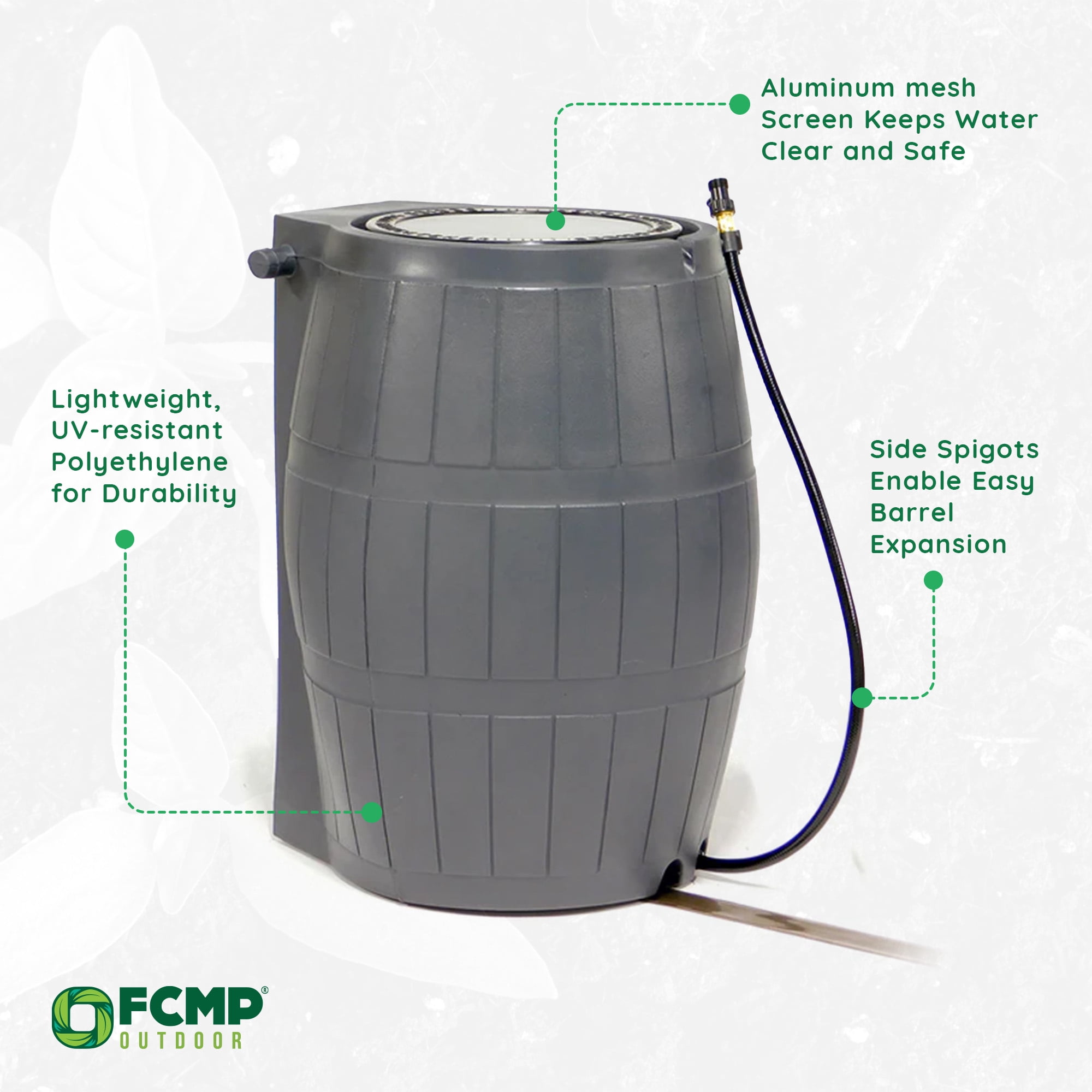 FCMP Outdoor RC4000 Raincatcher 50 Gallon Rain Catcher Barrel, Grey