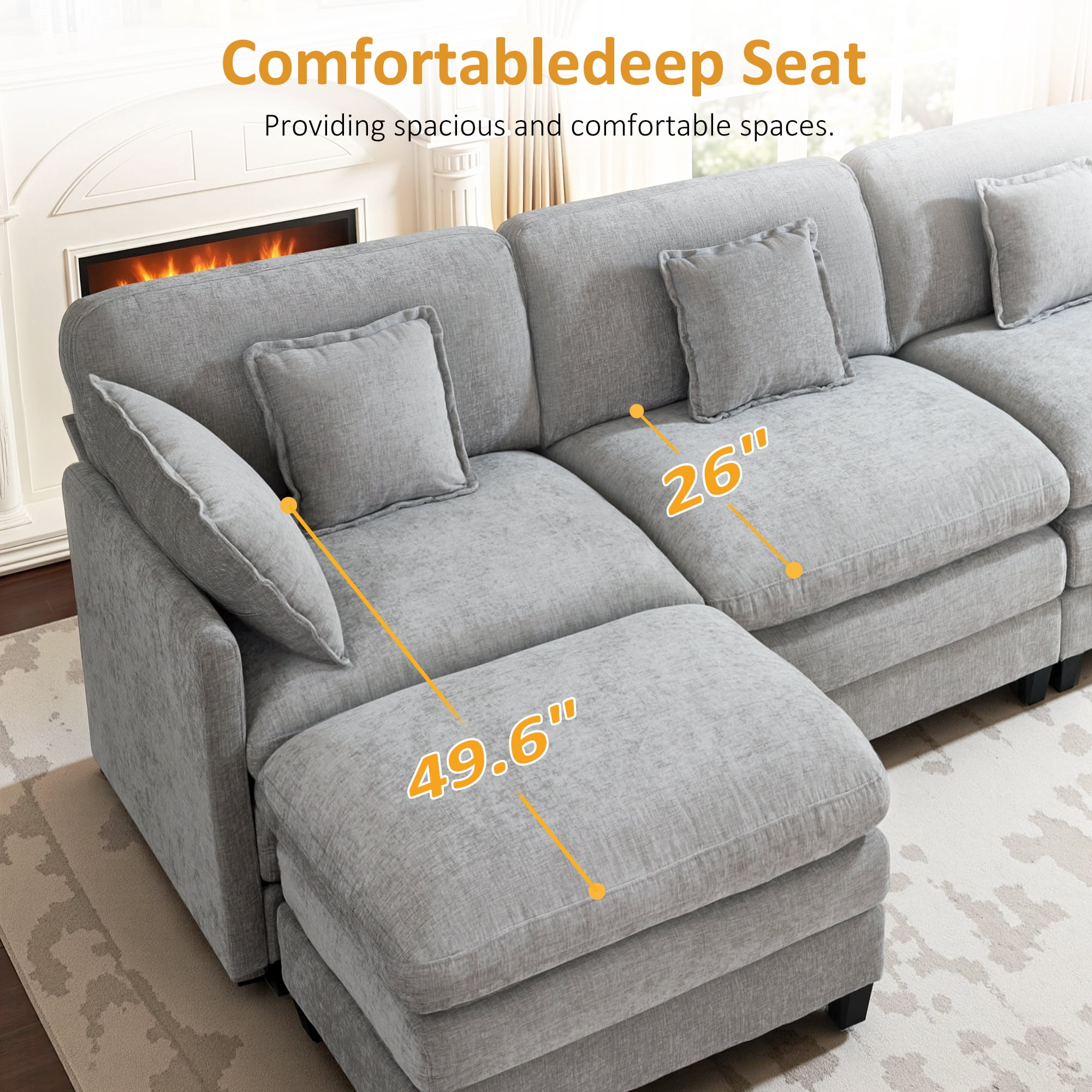 MCombo 111.8'' Modular Sectional Sofa Couch with Chaise Ottoman for Living Room, L Shaped Sofa, FSC Certified, Grey