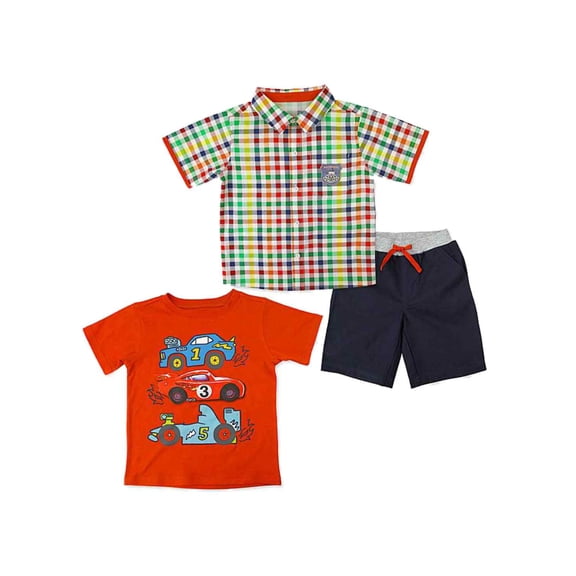 Little Rebels Infant Boys Red Racecars & Plaid Button Front Baby Outfit Set 18M