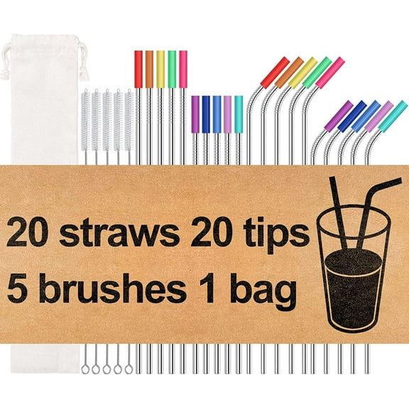 20 Pack Reusable Stainless Steel Metal Straws,10.5" & 8.5" Reusable Drinking Straws with 20 Silicone Tips 5 Straw Brushes 1 Travel Case,Eco Friendly Extra Long Metal Straw Fit for 20 24 30 oz Tumbler
